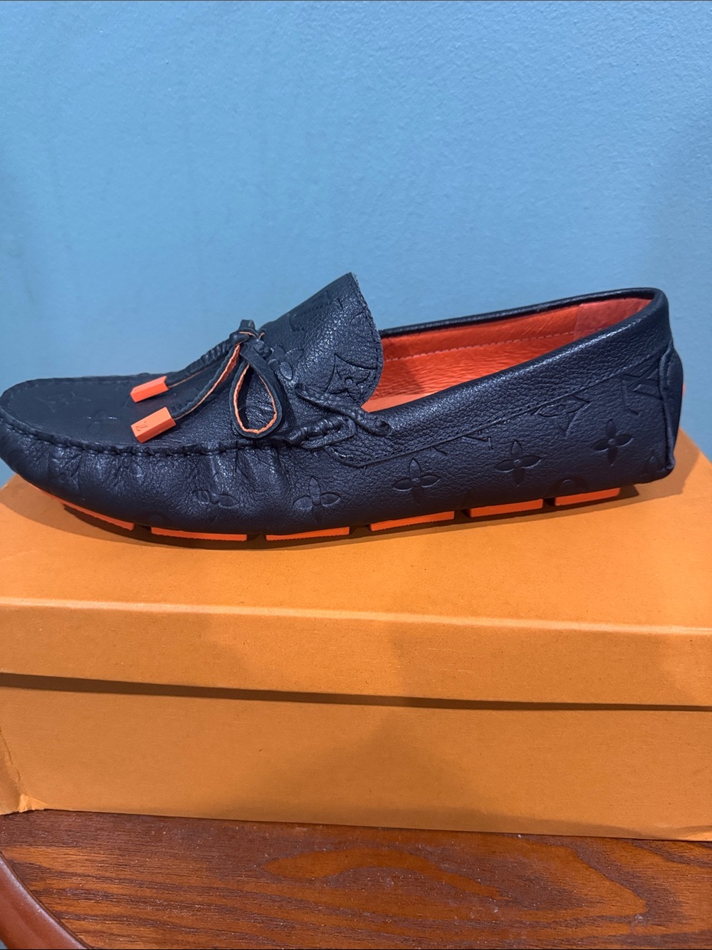 Louis Vuitton Black Leather Driving Loafers with Orange Accents